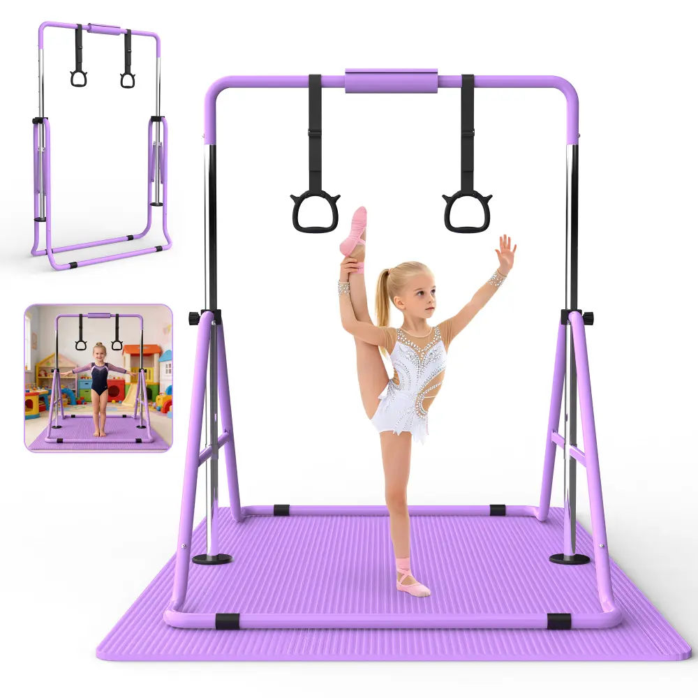 Foldable Gymnastics Bar for Kids with Mat & Rings, Adjustable Height Gymnastics Kip Bar, Sturdy Folding Indoor Monkey Bar with Safety Mat, Kids Gymnastics Training Equipment for Home
