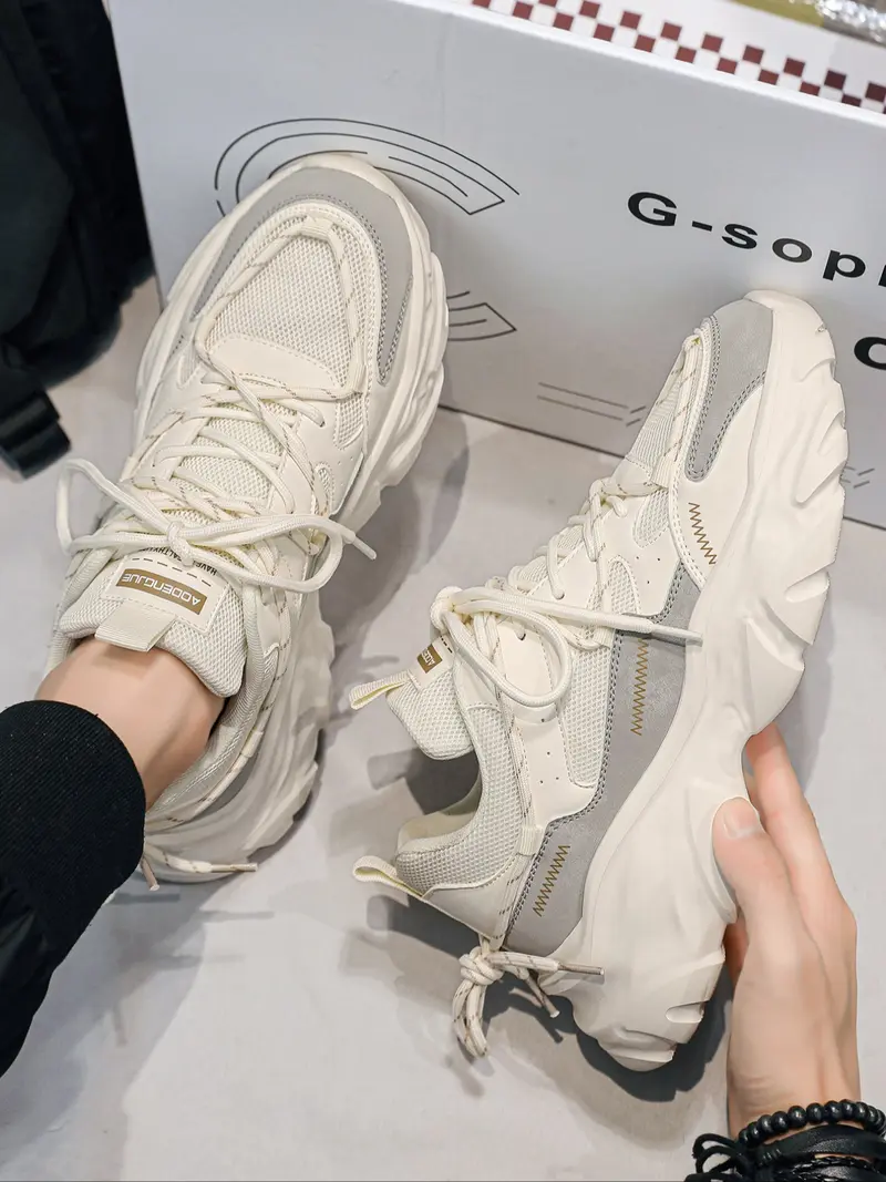 Men's Height Increasing Dad Shoes, Dual Strap Design, Fashionable Casual Sporty Trendy Walking Sneakers, Colorblock Patchwork, Thick Sole, All Seasons