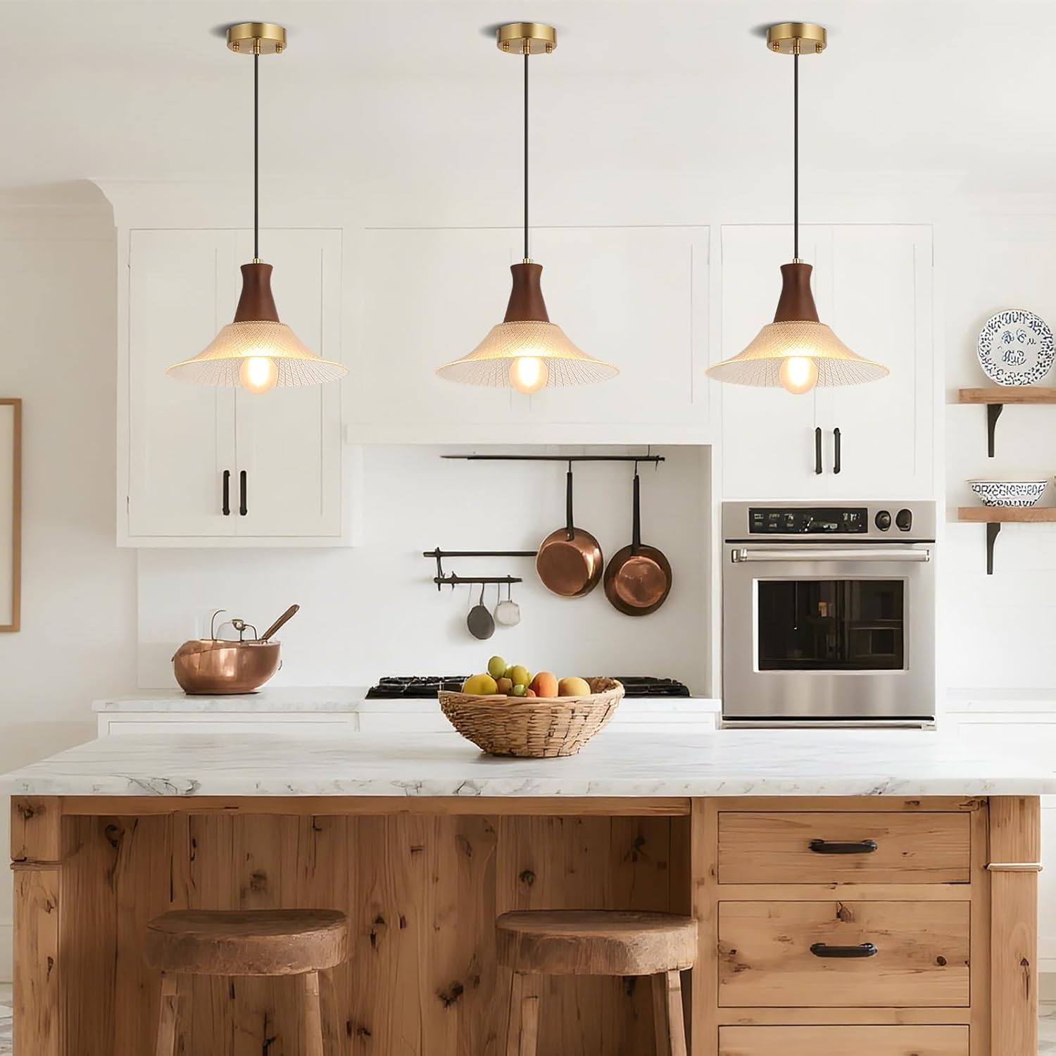 Vintage Kitchen Island Pendant Light Fixtures, Clear Wood & Glass Pendant Lighting, Modern Farmhouse Hanging Light with E26 Base (Crystal+Wood, 1 Pack)