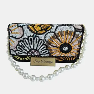 Elegant Floral Sequin Clutch with Pearl Handle Handmade Beaded Evening Bag for Weddings & Formal Events Black White Gold Metallic Bronze