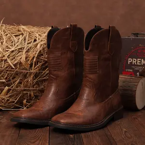 【Rodeo Boots】Wranglette Men's Brown Western Cowboy Boots - American Flag Embroidered Faux Leather, Round Toe & Block Heel, Trendy Patriotic Country, Casual & Rodeo Footwear for TikTok Style-Focused Guys