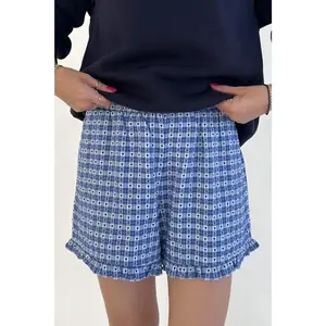 Love Letter Gingham Checkered Heart Ruffle Shorts in Blue with Pockets Elastic Waistband & True to Size Fit for Women