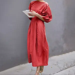 Women's Half Sleeve Loose Plus Size Long Skirt - Solid Color, Round Neck, Casual Summer Comfort, Daily Elegance, Linen Fabric, Comfortable and Breathable, Minimalist Chic Style (the size is too large, it is recommended to order a size smaller)