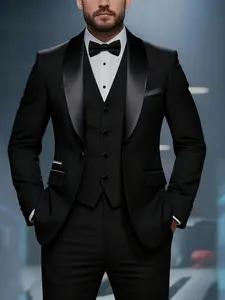 Men'S 3pcs Suit Set - Slim-Fit Long Sleeve, Solid Color, Non-Stretch Fabric, Lapel Collar, Fake Buttons, All-Season Wear, Perfect for Weddings, Business Casual & Formal Occasions, Wedding Attire, Business Attire Clothes | Classic Suit Style | Tailored Fit