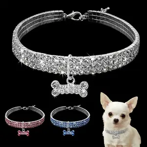 3 rows of rhinestone elastic necklace dog chain cat crystal collar pet supplies small dog jewelry, Pet dog rhinestone adjustable necklace