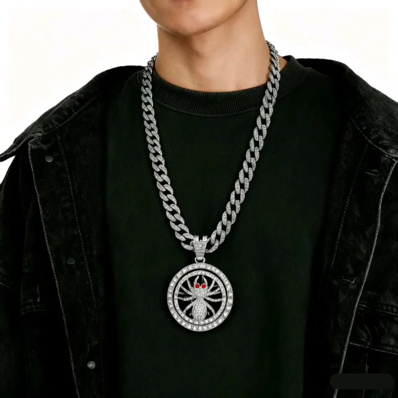 Men's 18 in Rotatable Spider Charm Cuban Link Necklace - Casual Chain & Link All Seasons Stylish Hip Hop Costume Jewelry, Animal