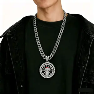 New Rotatable Spider Pendant Cuban Link Necklace, Stylish Animal Charm Hip Hop Jewelry for Men