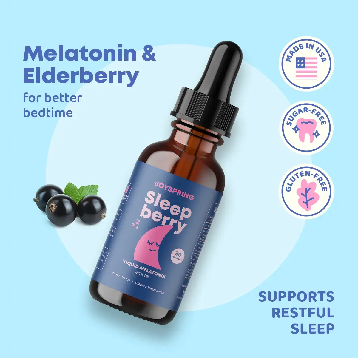 JoySpring SleepBerry Natural Sugar-Free Sleep Aid for Kids with Melatonin & L-Theanine | 30, 60, 120 Day Supply