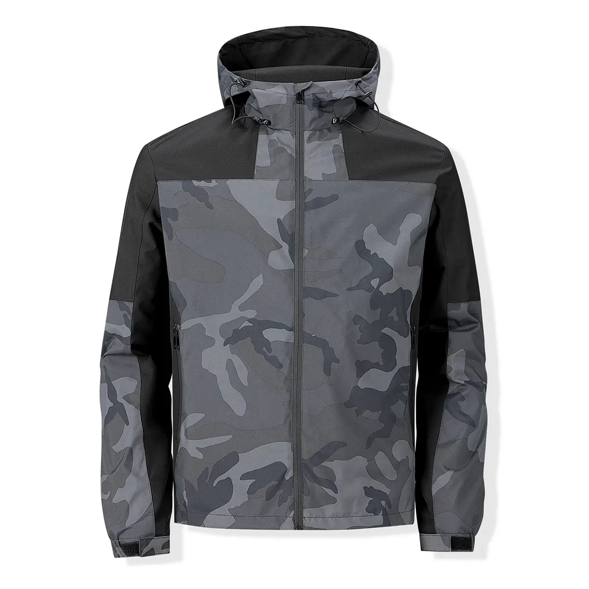 Men Black Patchwork Grey Camo Hooded Jacket, Full Zip Water Resistant Windbreaker, Adjustable Drawstring Hood & Cuff Straps Tactical Outdoor Casual Outerwear