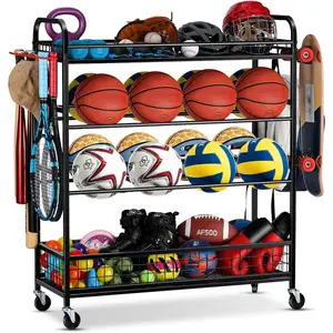Garage  Equipment Organizer - Rolling Ball Storage Bin with Wheels, Garage  Gear Rack Outdoor Basketball Racks for Balls with Baseball Bat Holder and Hooks,  Organizer