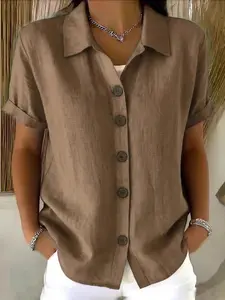 French Style Relaxed Solid Color Short Sleeve Shirt, Summer Commute Casual Loose Top, Comfortable and Stylish Apparel for Daily Wear