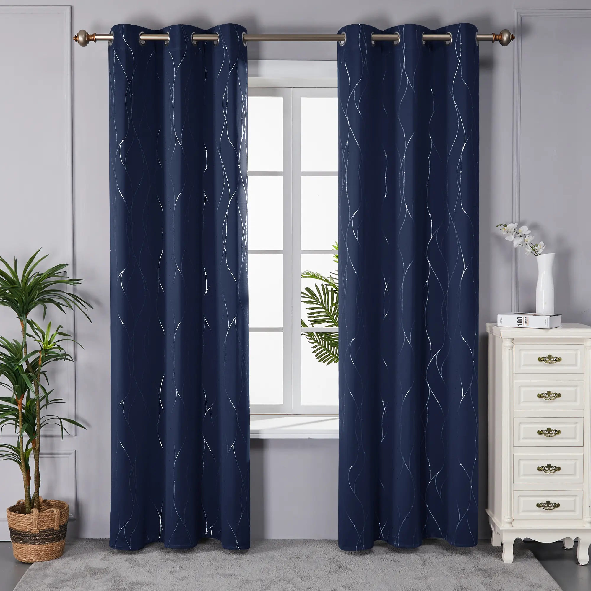 Deconovo Navy Blue Blackout Window Cover Curtains, Silver Foil Dotted Line Print, Grommet Top Household Textile Window Treatment