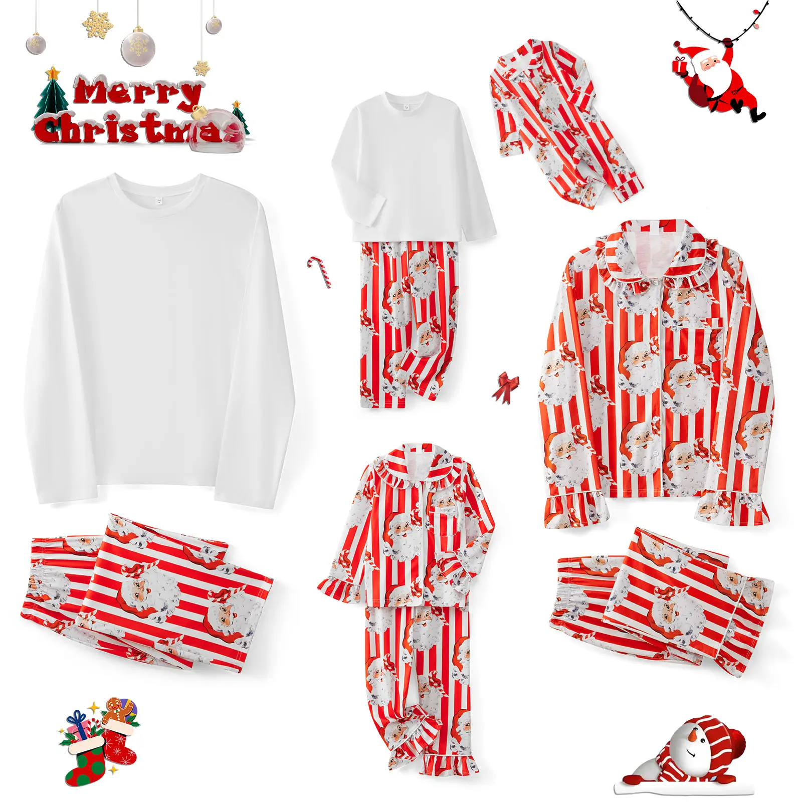 Christmas Family Pajamas Matching Set Stripes Santa Claus Long Sleeve Shirt with Pants Sleepwear for Baby Girls Boys Loungewear Clothing Womenswear