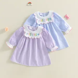 Babamoon Toddler Baby Little Girls Easter Dress Cute Jesus Loves Me Embroidery Long Bubble Sleeve Striped Dress Spring Summer 1-7 Years