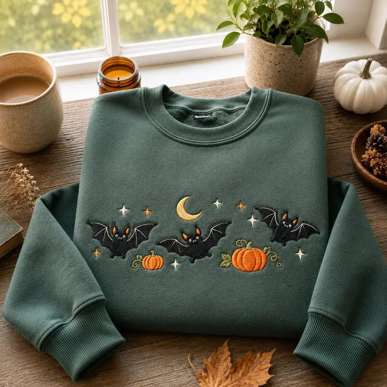 Embroidered sweatshirt with bats and pumpkins, spooky autumn sweater, cozy fall sweater, Halloween gifts