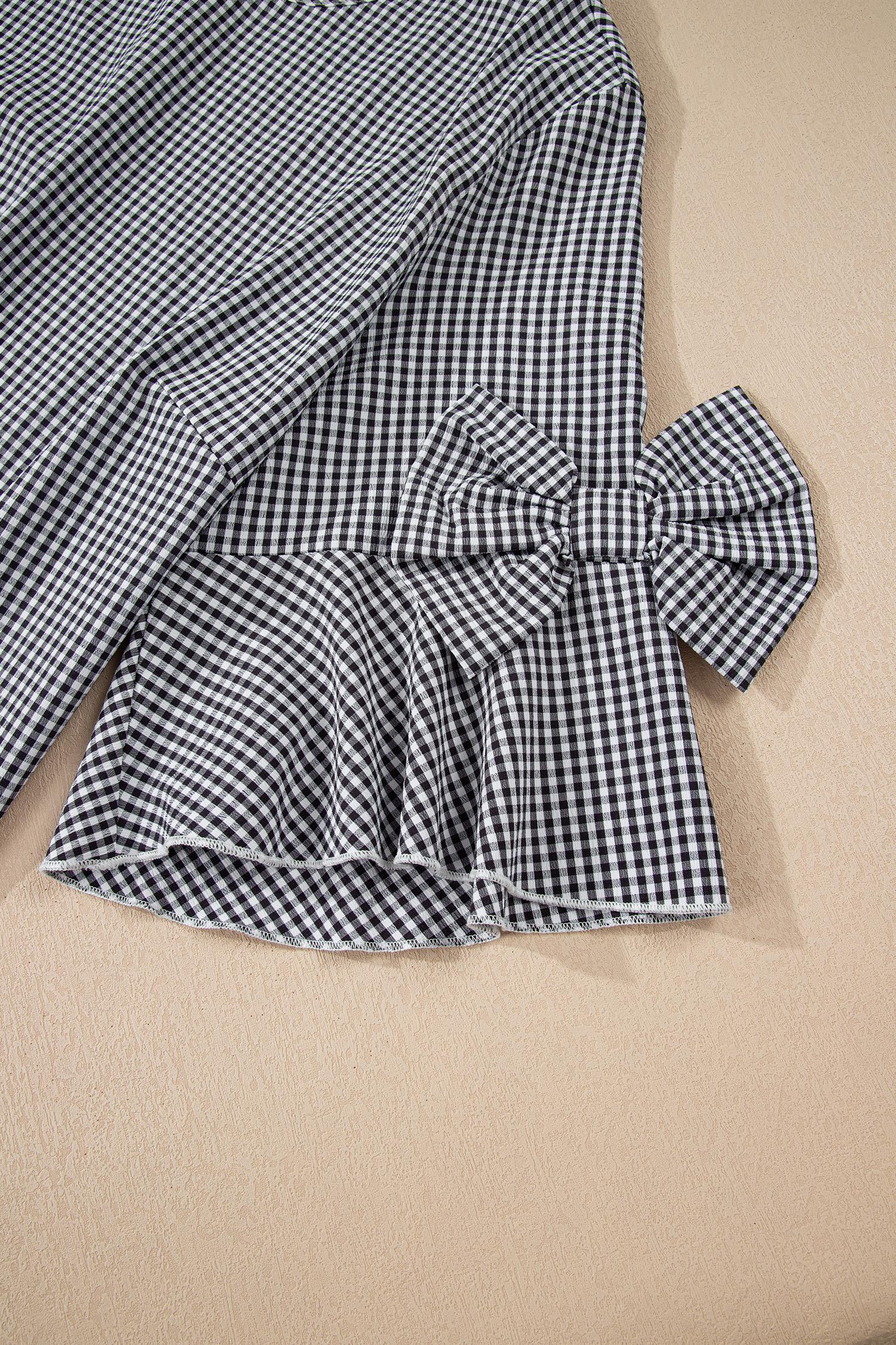 Plus Size XL-4XL Women’s Black Plaid Bow Decor Bell Sleeve Round Neck Jumper, Casual Everyday Vintage Plaid Pullovers for Women, Cute Preppy Flowy Sweaters, Chic Boho Aesthetic Long Sleeve Tops, Relaxed Fit Apparel