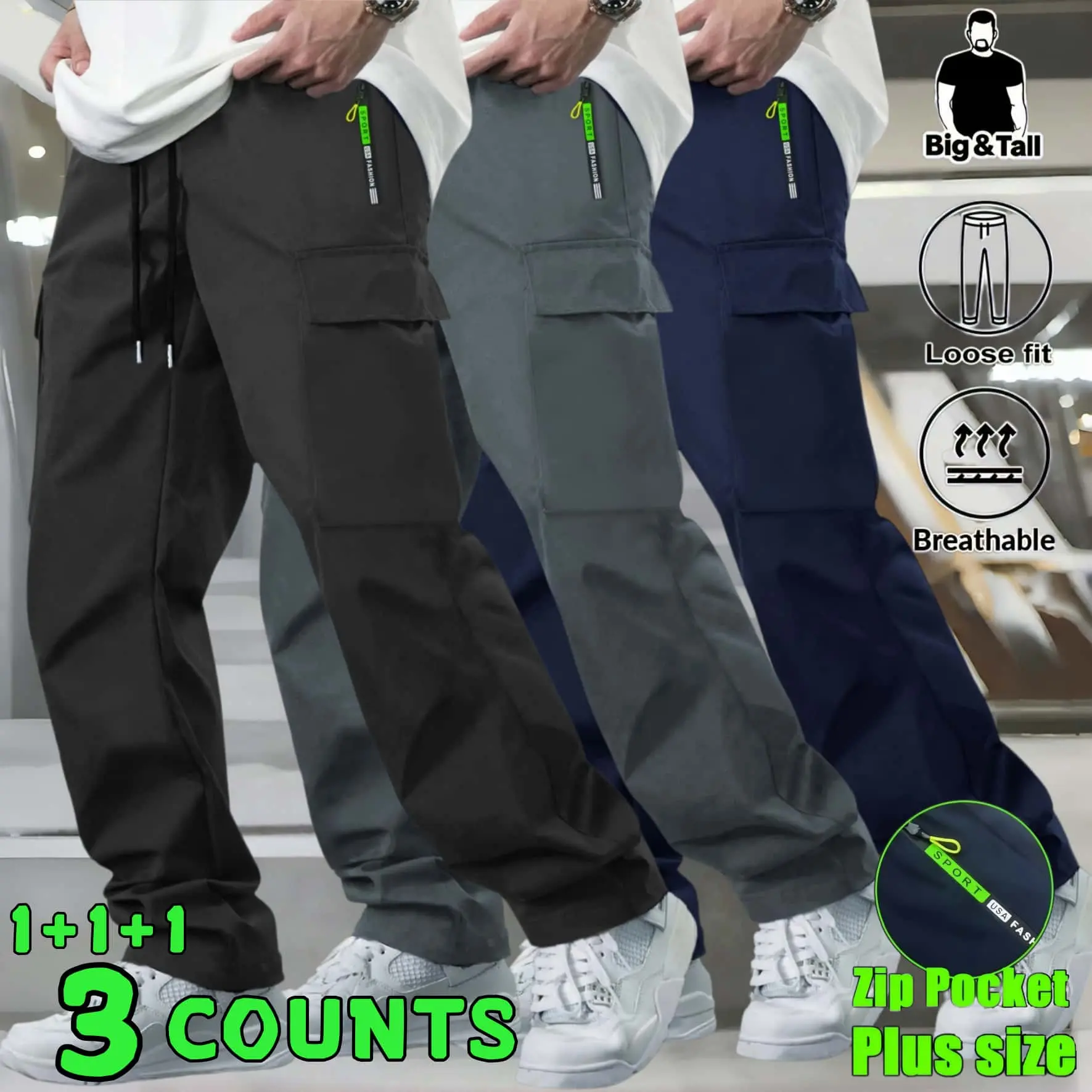 Men's Big & Tall Loose Cargo Pants, Elastic Drawstring Waist Multi-Pocket Plus Size Trousers, Breathable Casual Streetwear, Hiking Gym Outdoor Tactical Pants with Deep Phone Pockets, Extended Inseam Big Bigs Relaxed Fit Daily Wear Sweat Trousers