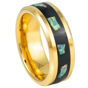 Gold Tungsten Carbide Wedding Band, Abalone Shell Fragments, Engagement Ring, Men’s Wedding Band, Unique Rings, Beveled Edges 8mm Groom Ring