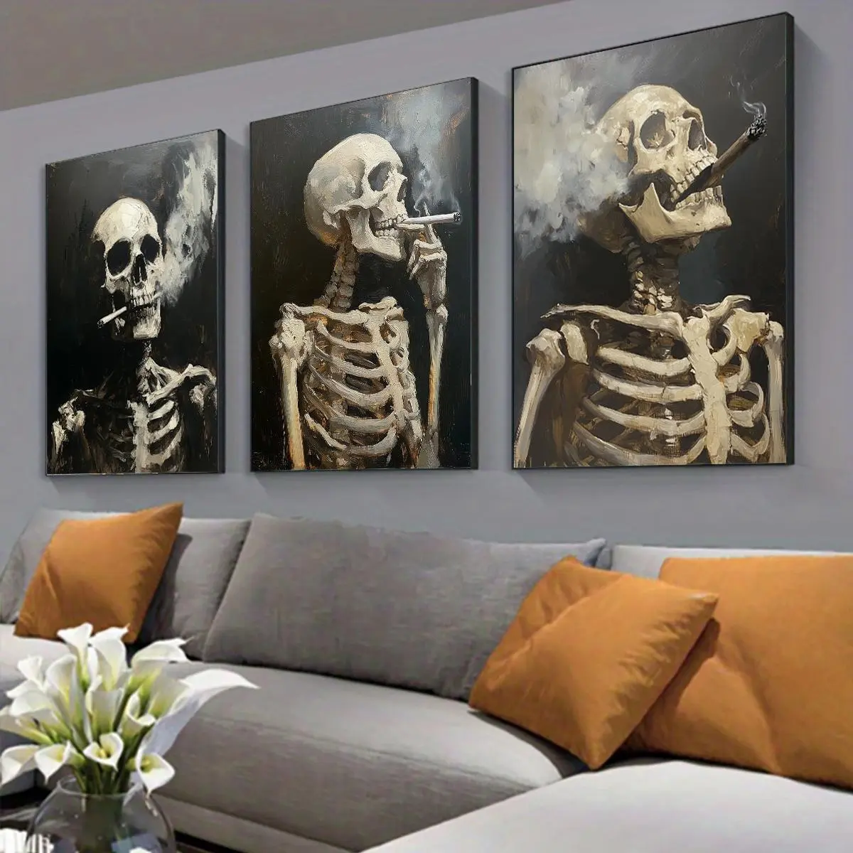 Skeleton Smoking Pattern Canvas Painting without Frame, Unframed Painting, 3 Counts/set Wall Art Poster, Art Wall Decoration, Wall Art Decor for Home Living Room Bedroom Office, Art Work For Wall Decor