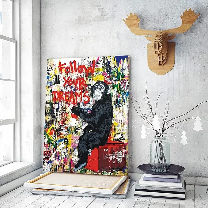 Monkey Street Graffiti Canvas Print Wall Art,-Follow Your Dreams Animal Canvas Art for Living Room Office Wall Decor Home Decoration Framed Ready to Hang,bedroom decor for men Poster Ornaments Artistic Photo Abstract Creative