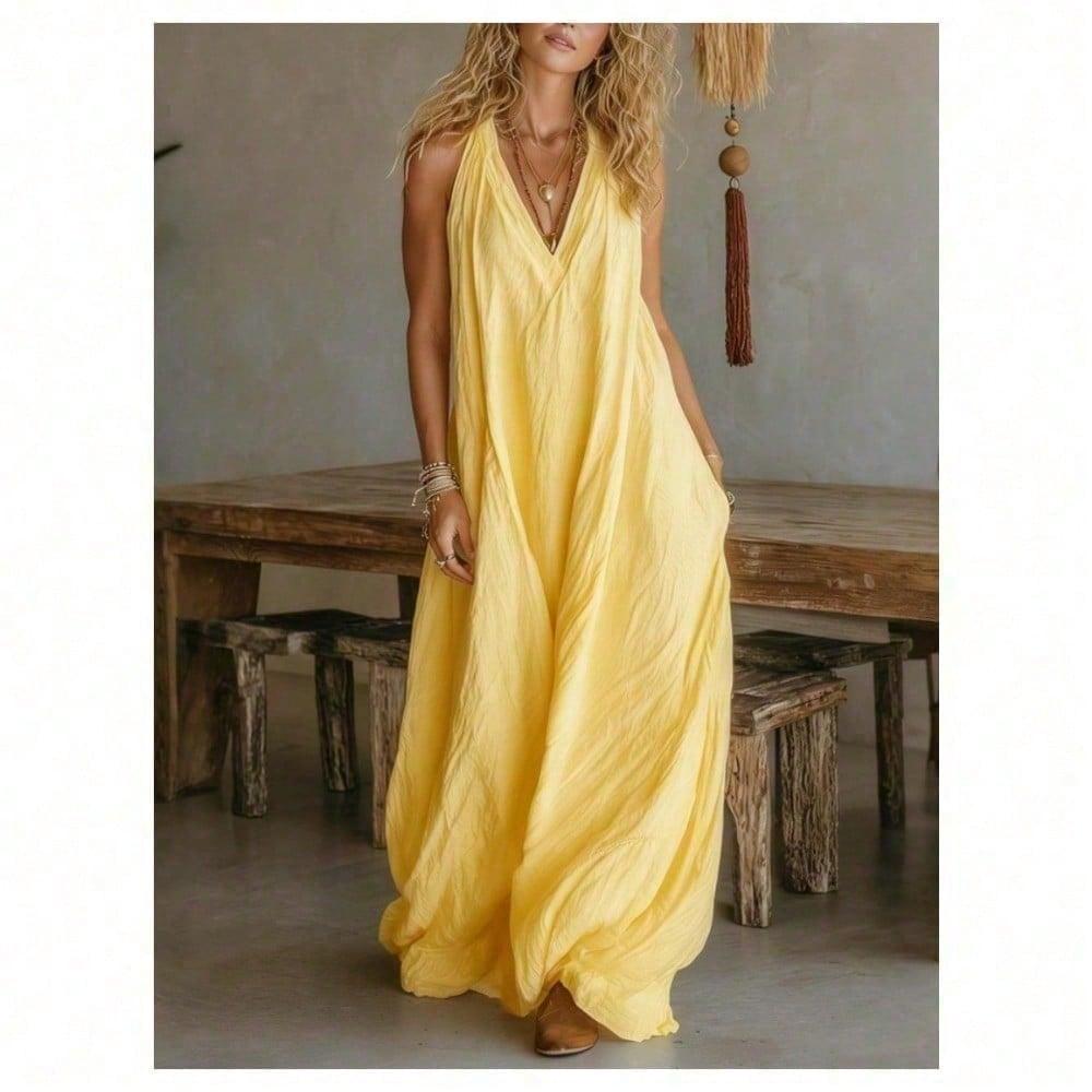 2026 Long Flowy Dresses for Women Cotton Linen V Neck Dress Sleeveless Summer Beach Dress Casual Maxi Dresses for Vacation