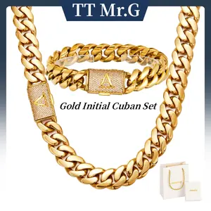 Gold Stainless Steel Cuban Link Necklace & Bracelet Set for Men,14mm Thick Miami Cuban Chain With A-Z Zircon Initial Letter Clasp, Vintage Hip Hop Punk Gothic Style, Luxury Non Fade Golden Matching Jewelry Set, Trendy Daily Wear Gift For Guys summerwins