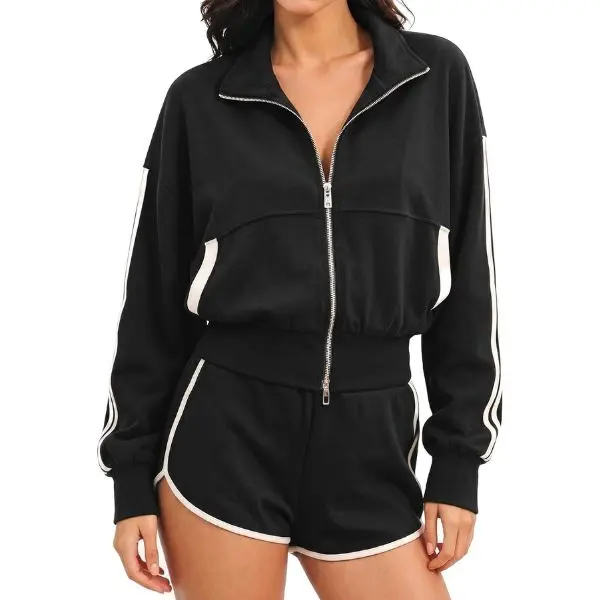 Fisoew Women's Multi-Size Striped 2-Piece Contrast White Stripe Tracksuit Co-Ord Set - Stand Collar Full Zip Cropped Jacket, Elastic Drawcord Dolphin Sweat Shorts, Casual Athleisure (Women 2 Set)