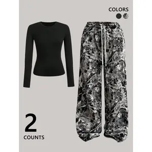 Women's camouflage printed wide leg pants, casual, fashionable and comfortable pants, suitable for daily outdoor wear, all season women's clothing