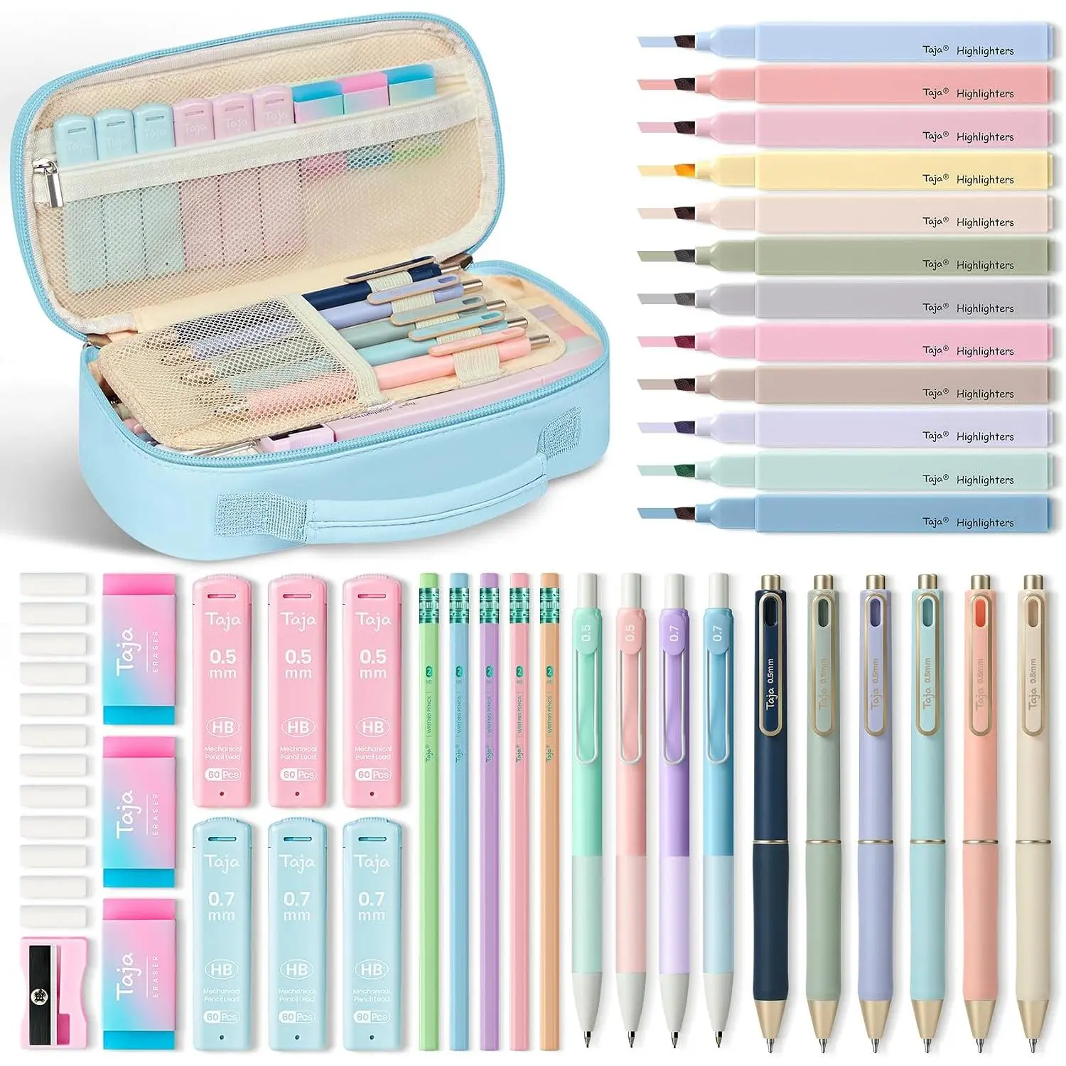 Taja 39 PCS Aesthetic Stationery Set with Cute Pencil Case, 6 Black Ink Gel Pens, 12 Pastel Highlighters, 5#2 HB Pencils, 4 Mechanical Pencils, Back to School Supplies for Students - Light Blue