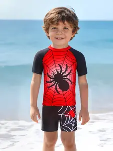 Boys' Short-Sleeve Shorts Cartoon Animal Two-Piece Set, Graphic Print Set, Children Outdoor Sun Protection Water Play Clothing, Summer Kids Activewear, Tops