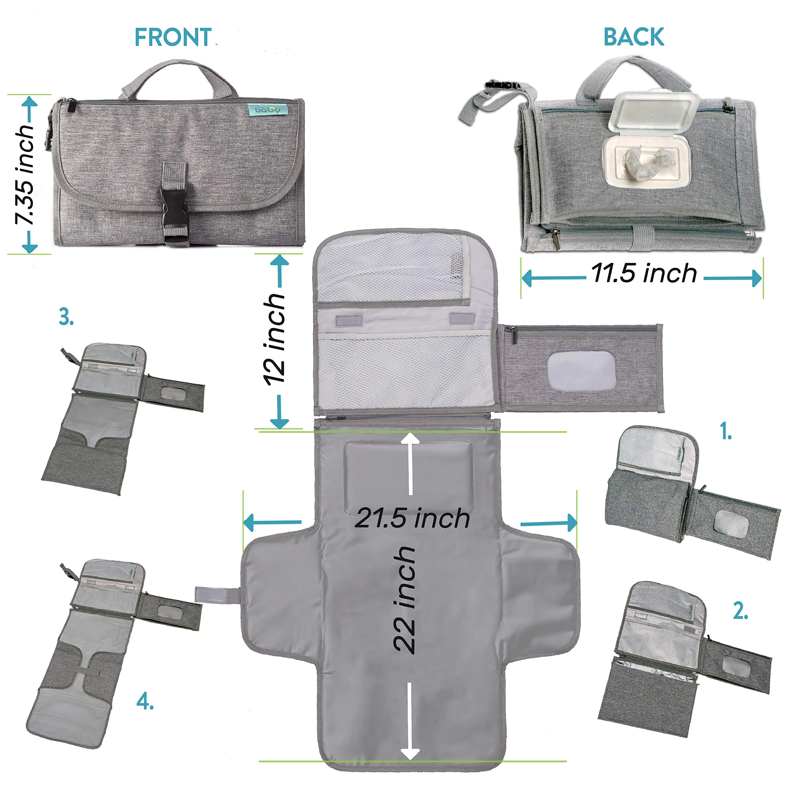 Clutch-Style Diaper Changing Pad, Compact All-in-1 Travel Station for Baby, Grey Mat with Wipes Pocket, Newborn Shower Gift, Newborn Baby Stuff, Outings, Gift For Newborn Girl & Boy