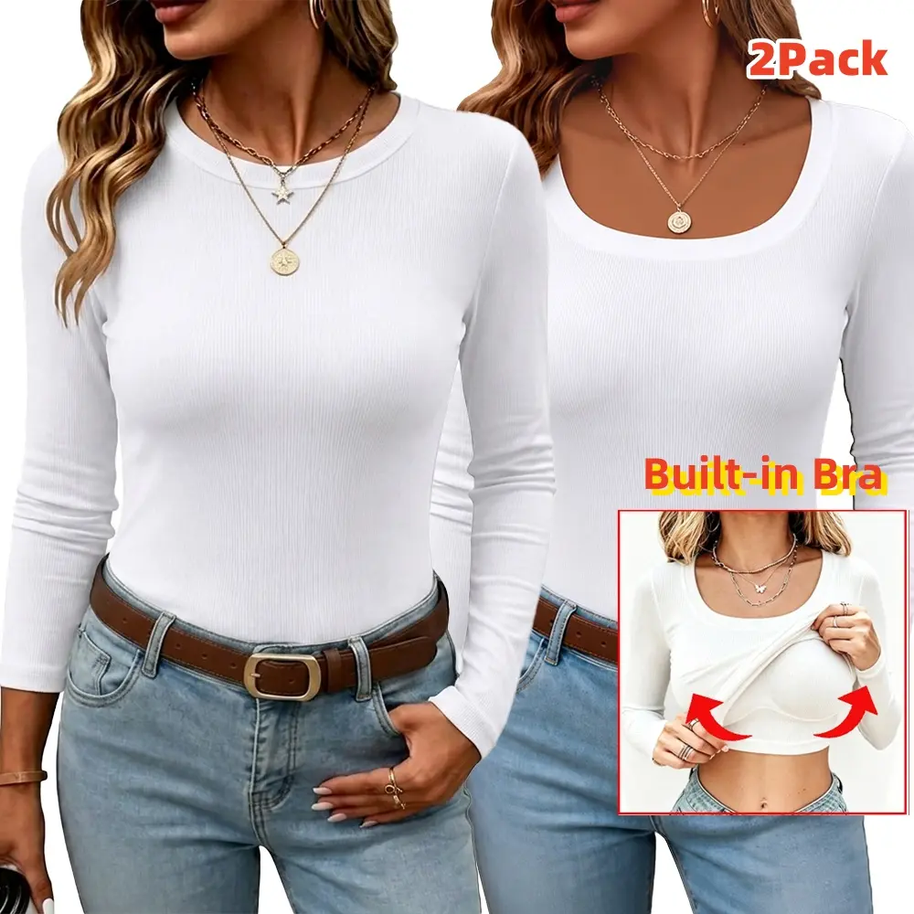 EncoLax 2Pack Women's Fall Long Sleeve Round Square Neck T Shirts with Built-in Shelf Bra Ribbed Knit Slim Fit Casual Basic Tops