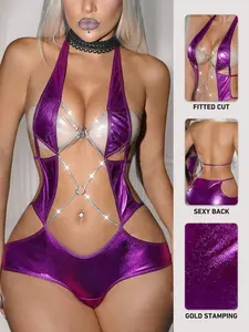 Valentine's Day Gold Foil Faux Leather Women's Sexy Fitted One-Piece Slim Fitting Bodysuit Set with Bow Tie Waistband + Neck Ring, Fashionable Lingerie & Pants