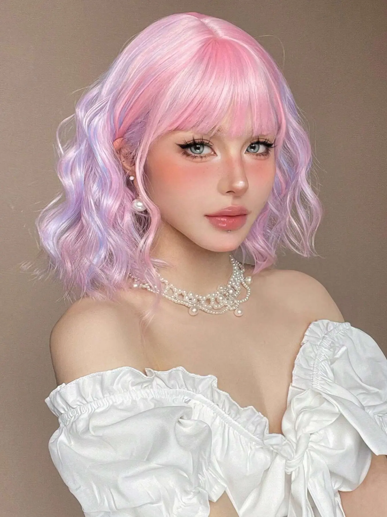 14-Inch Pink Purple Dyed Short Curly Fiber Wig with Bangs, Heat-Resistant, Ideal for Girls' Cosplay, Party, Daily Use, Artificial Wig, Synthetic Fiber Wigs, Synthetic Hair Wigs