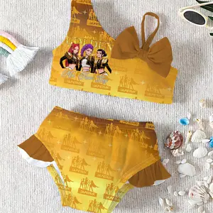 Girls Kpop Demon Hunters Korean Style Swimsuit, Golden Theme Vibrant Print Cartoon Print One Shoulder Strap Bow Bikini Set, Cute Baby Swimwear