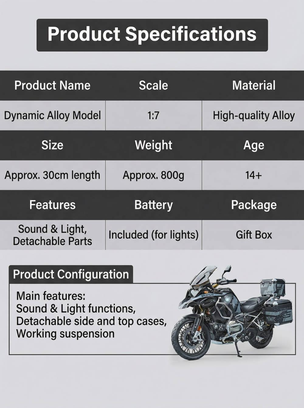 BMW R1250 GS Adventure Motorcycle Model 1:7Scale Alloy Diecast with Lights & Sounds, WaterSpray Exhaust, Detachable Parts, DashboardDisplay, Collectible Toy Gift for Adults Kids 14+ BMW R1250 GS Adventure Motorcycle Model 1:7Scale Alloy Diecast with Lights & Sounds, WaterSpray Exhaust, Detachable Parts, DashboardDisplay, Collectible Toy Gift for Adults Kids 14+