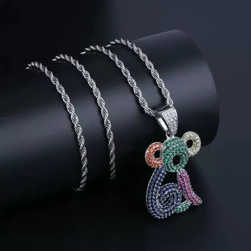 5330 Iced Out Multicolor Hollow Monkey Pendant Necklace, Bling Cubic Zirconia Cartoon Monkey Hip Hop Jewelry For Men