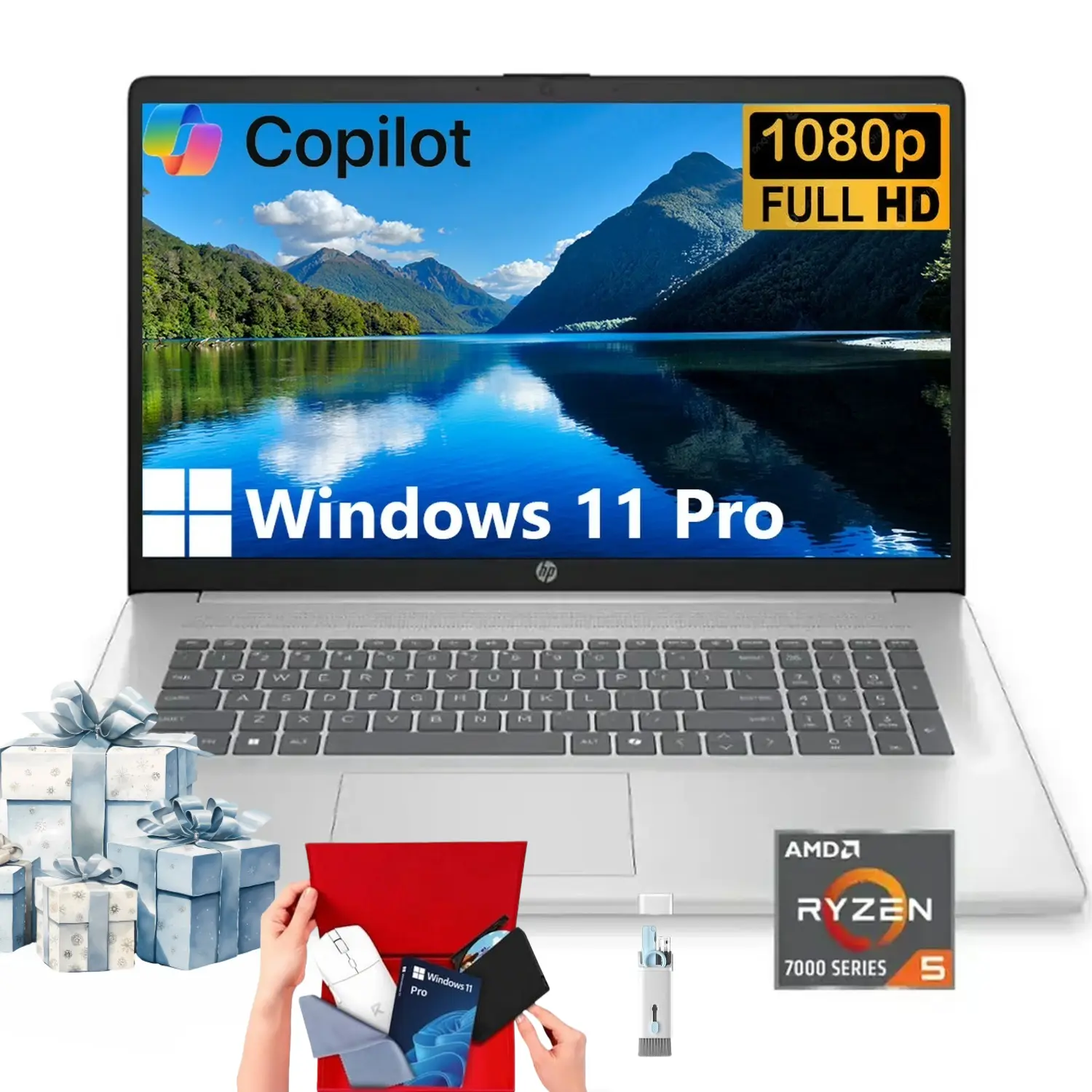 HP 17.3-inch Student Office Laptop - AMD Ryzen 5 7430U, Windows 11 Pro, Up to 32GB RAM, 512GB SSD, Fast Charge, Wi-Fi 6, FHD Anti-Glare Display, Bundle Accessory