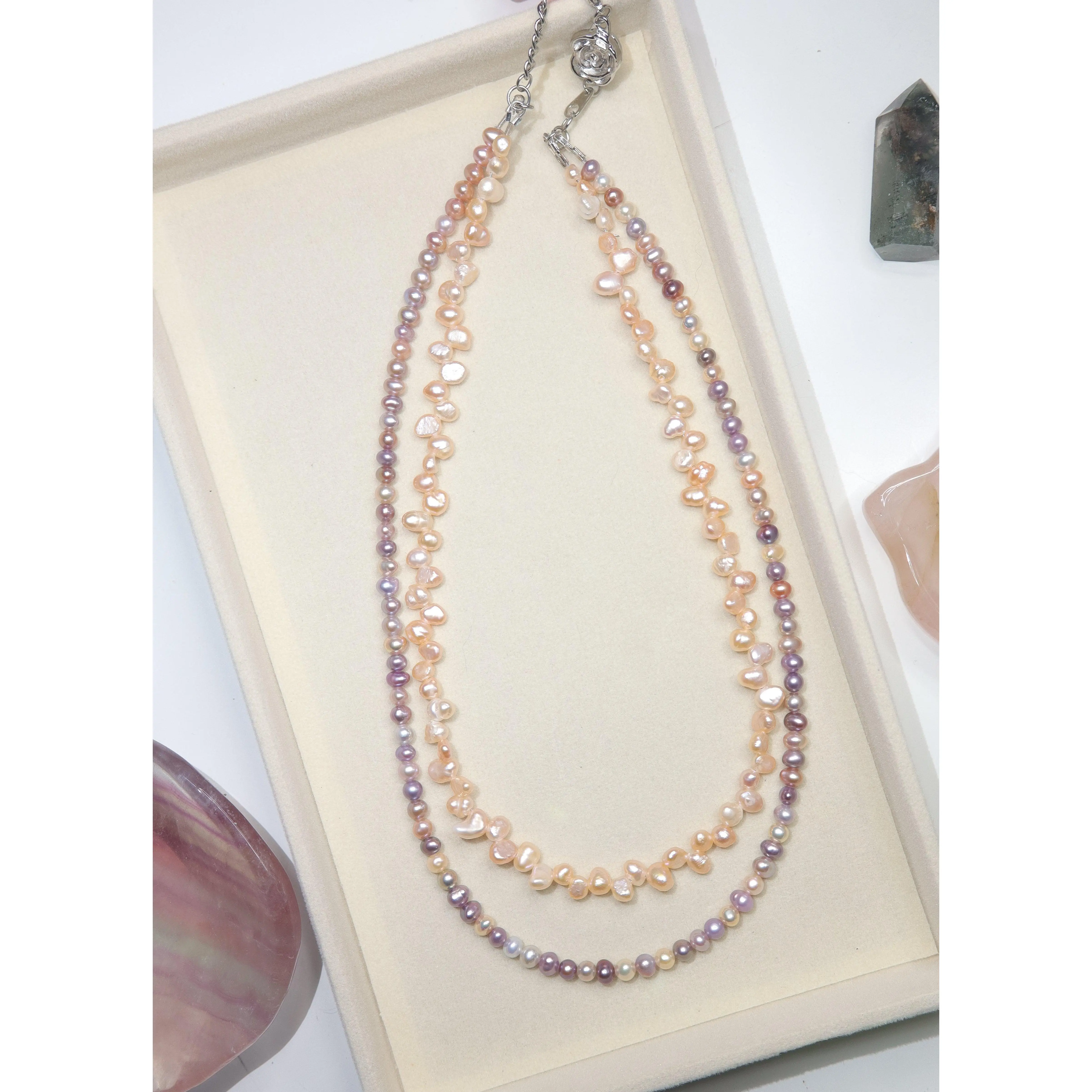 Double-Layer Pearl Necklace w/ Champagne Keshi and Lavender Champagne Pearls