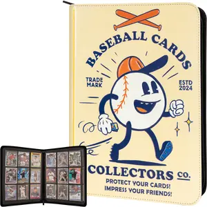 Joust Baseball Card Binder - 9 Pocket Album w Zipper - 360 Side Loading Sleeves Book for Baseball Trading Cards - 3D PU Leather with Vintage Design