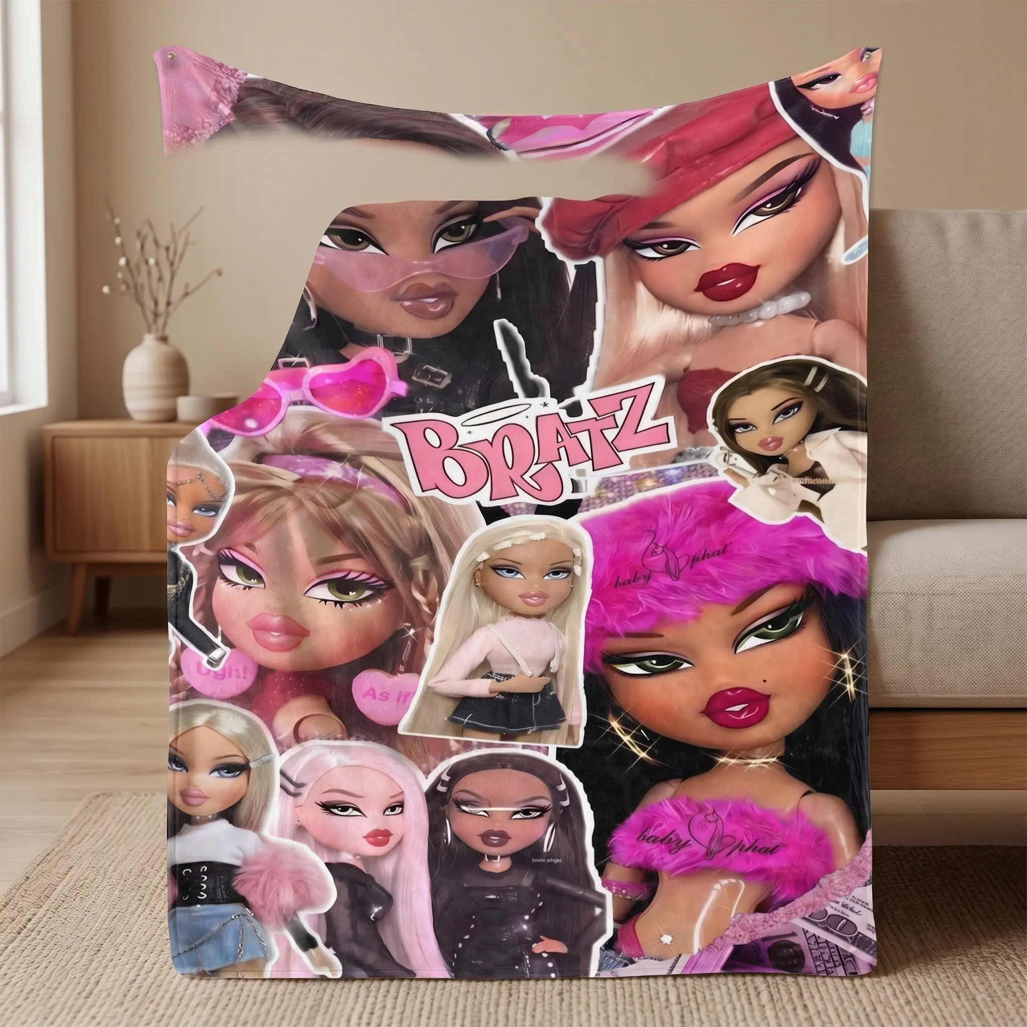 Bratz Y2K Aesthetic Blanket Retro Doll Collage Flannel Throw for Couch Bed Sofa Pink Glam Tapestry Wall Decor Soft Fleece Gift for Bratz Fans