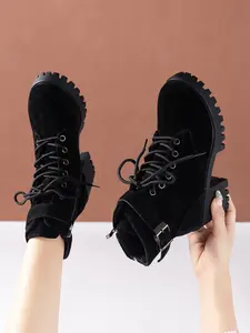 Women's Thick Sole Rubber High Heel Short Boots, Fall Winter New Leather Boots, Fashion Lace-Up Women's Shoes, Solid Color Casual Boots, Ruched Platform Boots