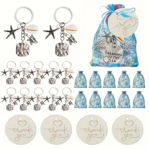 36pcs Sea Turtle Shell Starfish Keychain Gift Set, Includes 12 Keychains, Beautiful Coral Bags, Round Thank You Tags