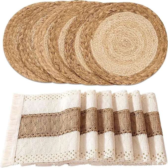 6-Pcs Boho Handmade Household Placemats Set - Cotton Burlap-Natural Fibers Water Straw Woven Combo with Hollow Stripes, Macrame Farmhouse Round/Square Dining Room Kitchen Decor, Wedding Supplies