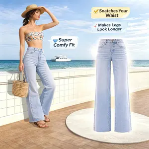 #Summer Essential Mid-high Rise Wide Leg Jeans for Women High Stretchy Baggy Jeans BBL Loose Fit Tummy Control Denim Pants All Season Casual Holiday Raw Hem Distressed Pants Womenswear Bottom Comfortable Denim Jeans