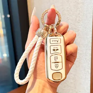Key Fob Cover for Mazda 3 6 CX5 MX-5 Miata CX9 CX3 Accessories (Golden edge) White and black4 Button Car Keys Case Shell Protector Bling Keychain Ring Full Protection Girly Women Cute TPU