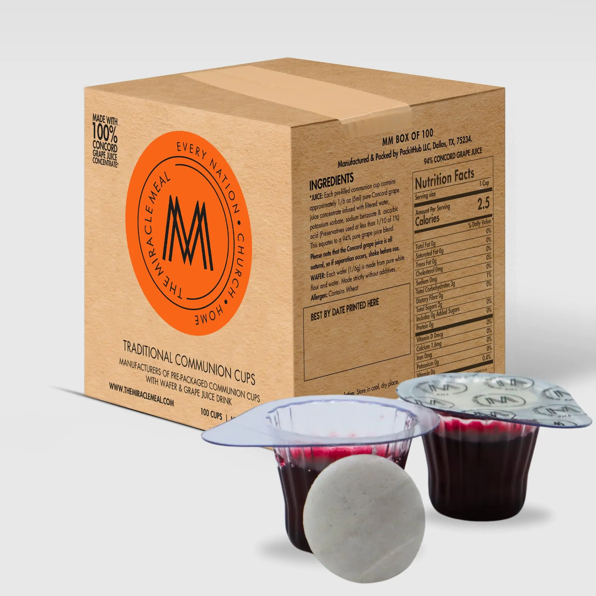 The Miracle Meal Prefilled Communion Cups - Box of 100 with Communion Wafer and Grape Juice