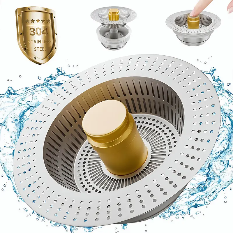 Father's Day Gift 3-in-1 Design 304 Stainless Steel Kitchen Drain Cover - Anti-Clogging Helper, Deodorizing Basket, Durable Plug, Effortless Disposal Stopper for 3–3.38" US Fit Drains, ToolUpgrade