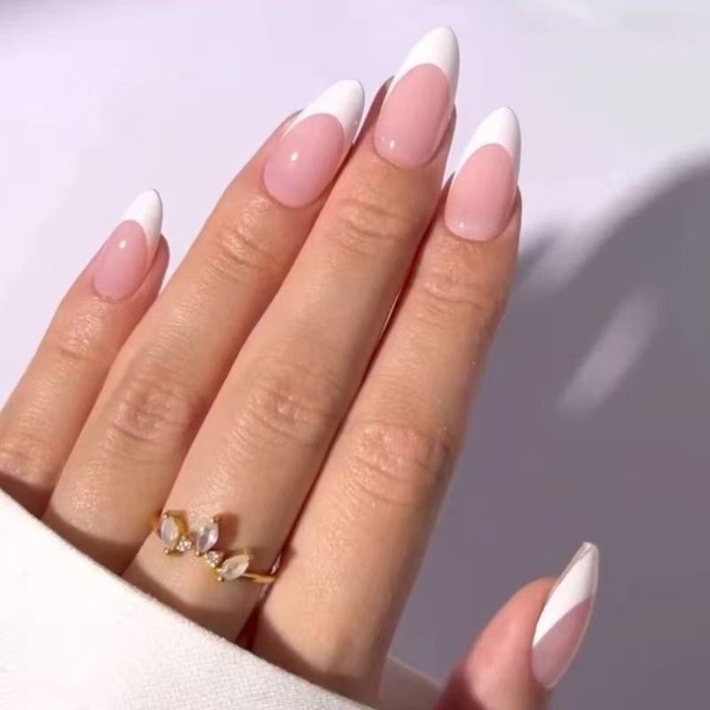 Trendy French Tip Press On Nails | Short Pointed Almond | Semi-Transparent Pink UV Finish | 24Pcs 12 Sizes | Salon Quality Reusable | 2026 Valentine’s Limited