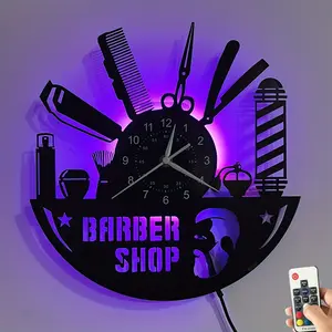 Silent Wall Clock Made From Vinyl Record, Barber Shop Theme, 7 Color LED Lights, Handmade Home Decor Art, Perfect for Kitchen